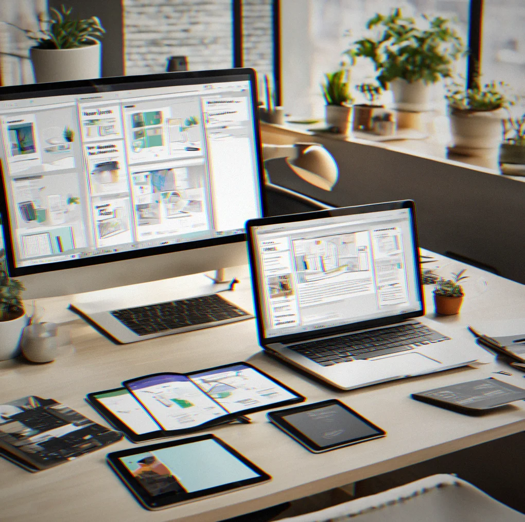 Multiple device screens showing consistent layout and typography across mobile phone, tablet and desktop monitors