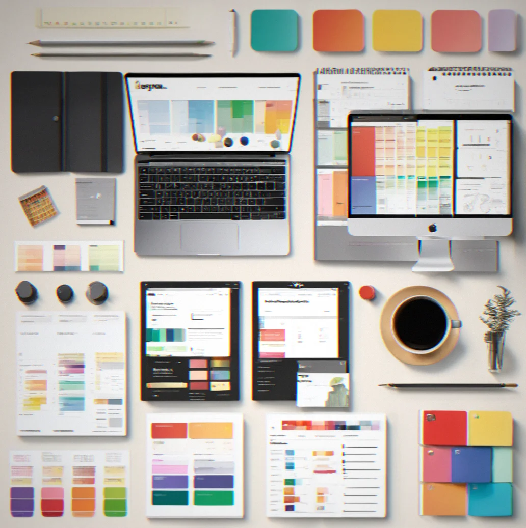Design system documentation showing color swatches, typography specimens, button variants and spacing grid