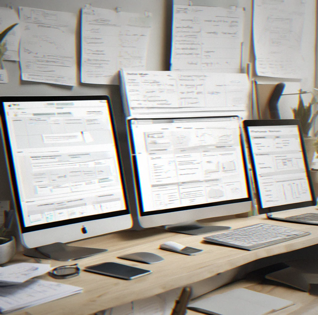 Documentation spread showing project timeline, wireframe annotations, performance metrics and deployment checklist