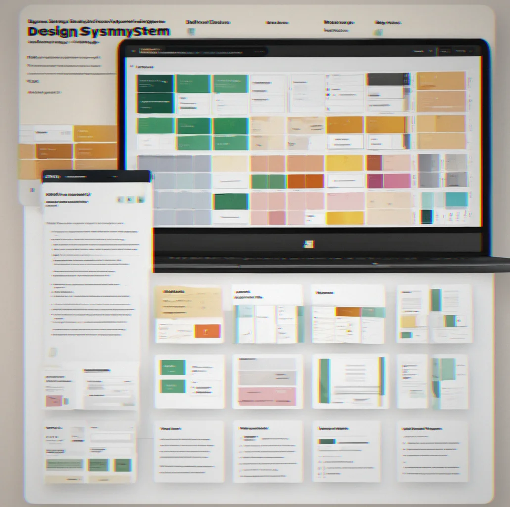 Design system documentation page showing 12-column grid overlay, typography scale from 12px to 48px, and color palette with contrast ratios